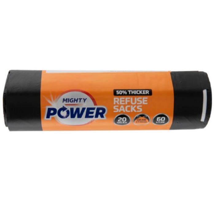 Might Power Draw String Refuse Sacks, 60L (Pack of 20)